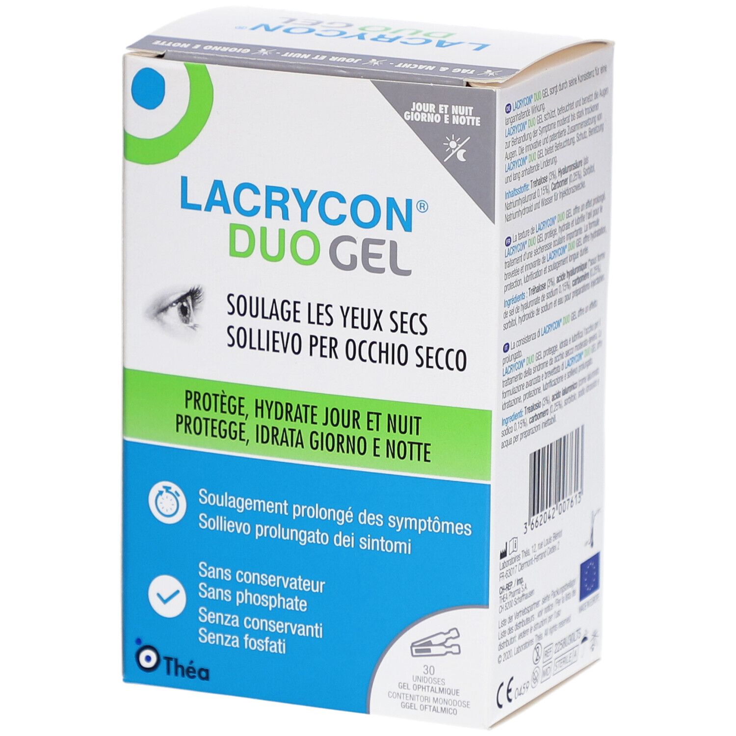 Verpackung von LACRYCON DUO Gel. Vorderseite mit Produktnamen, Augenabbildung und Text in Deutsch, Italienisch und Französisch. 30 Einzeldosen.