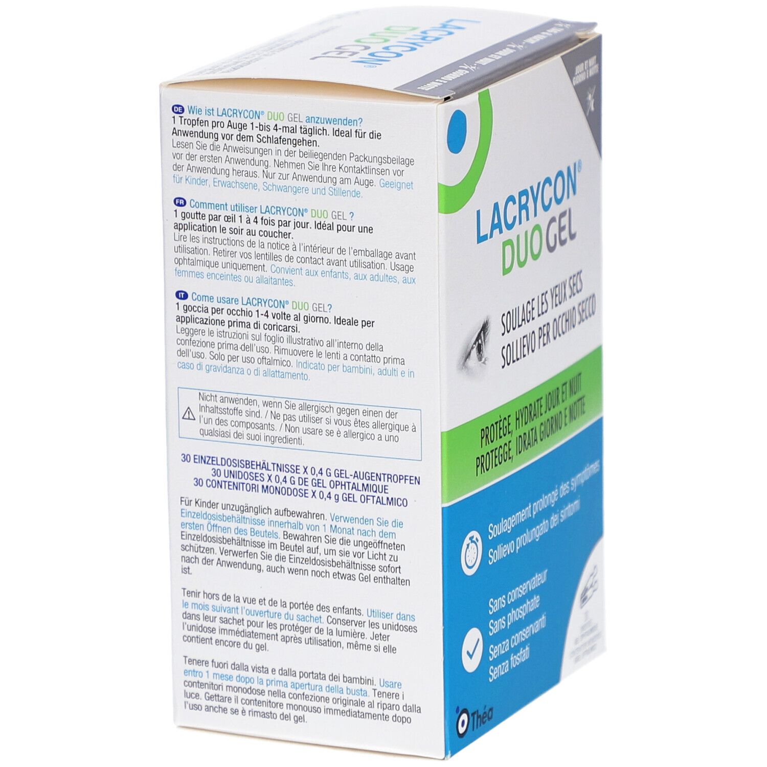 Rückseite der LACRYCON DUO Gel Verpackung. Text in Deutsch, Italienisch und Französisch. Enthält Informationen zur Anwendung und Inhaltsstoffe.