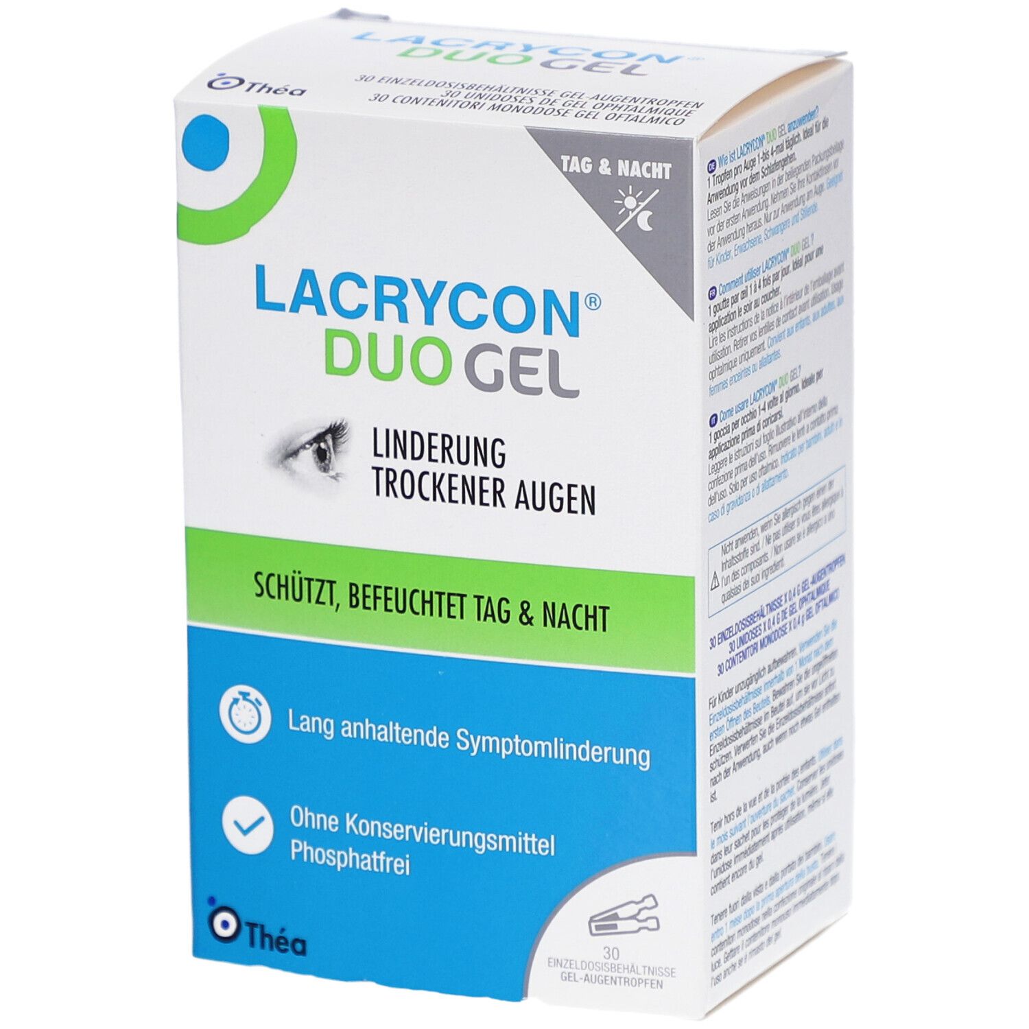 Vorderseite der LACRYCON DUO Gel Verpackung. Produktname, Augenabbildung und Text in Deutsch. Enthält 30 Einzeldosen.