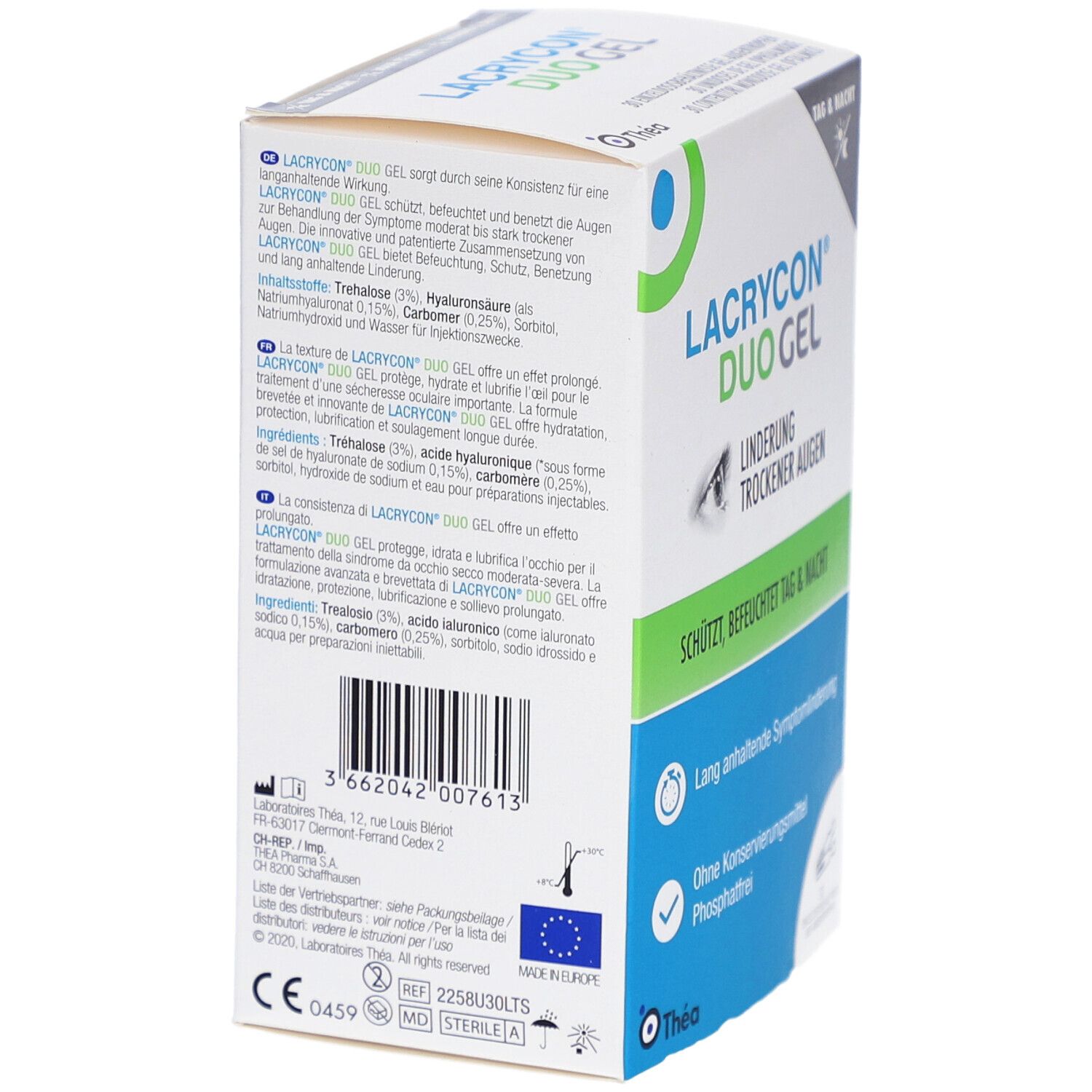 Rückseite der LACRYCON DUO Gel Verpackung. Text in Deutsch. Enthält Informationen zu Inhaltsstoffen und Hersteller.