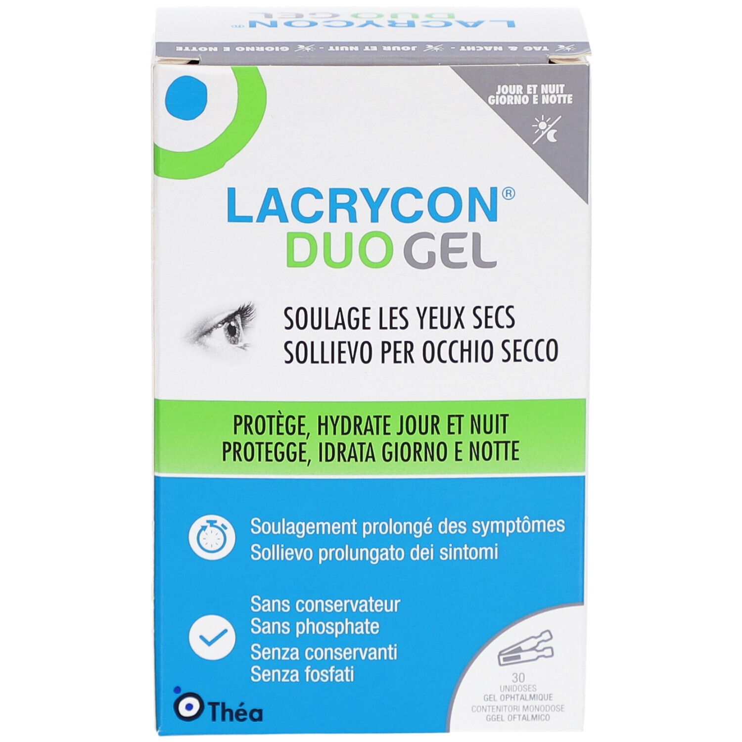 Vorderseite der LACRYCON DUO Gel Verpackung. Produktname, Augenabbildung und Text in Deutsch, Italienisch und Französisch. 30 Einzeldosen.