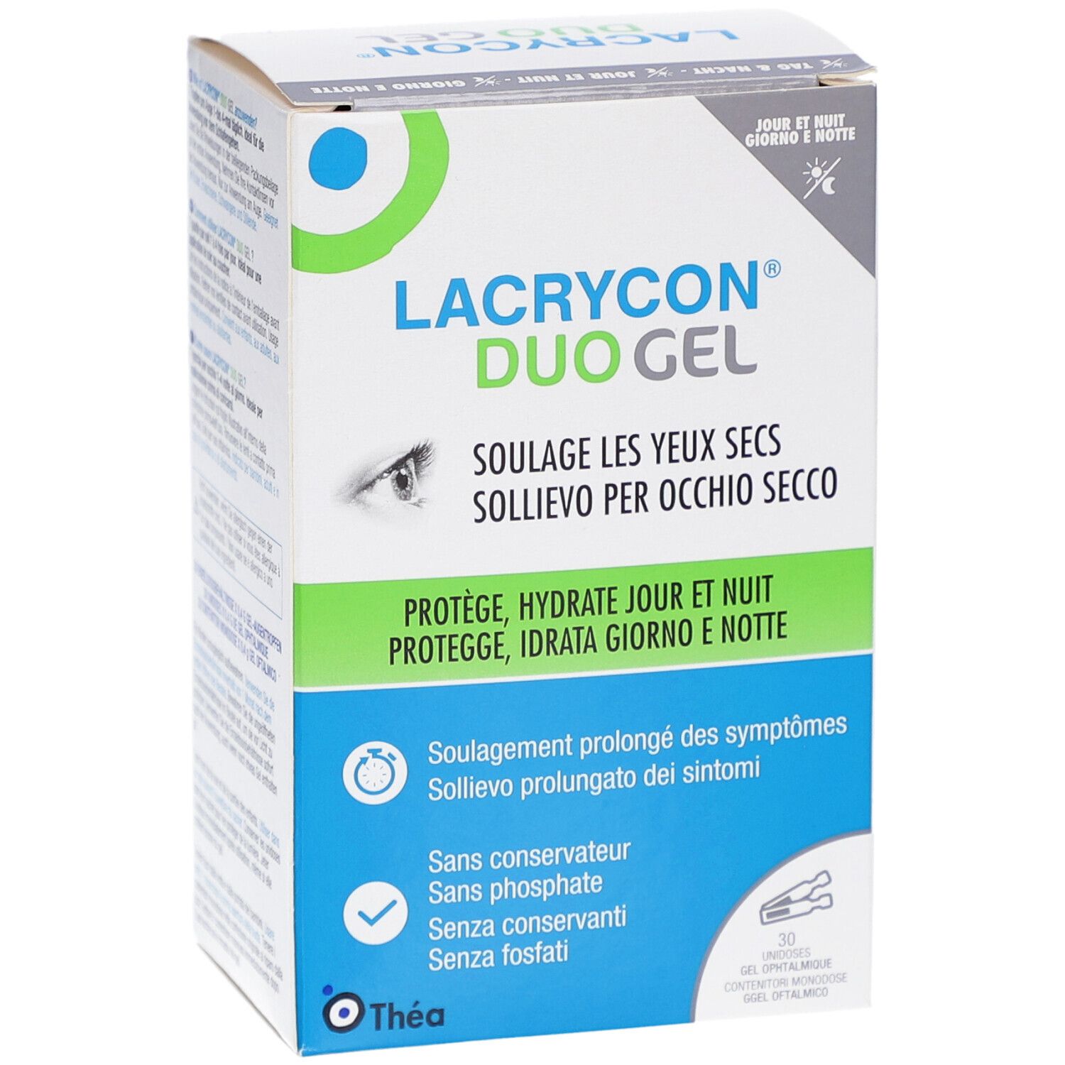 Vorderseite der LACRYCON DUO Gel Verpackung. Produktname, Augenabbildung und Text in Deutsch, Italienisch und Französisch. 30 Einzeldosen.