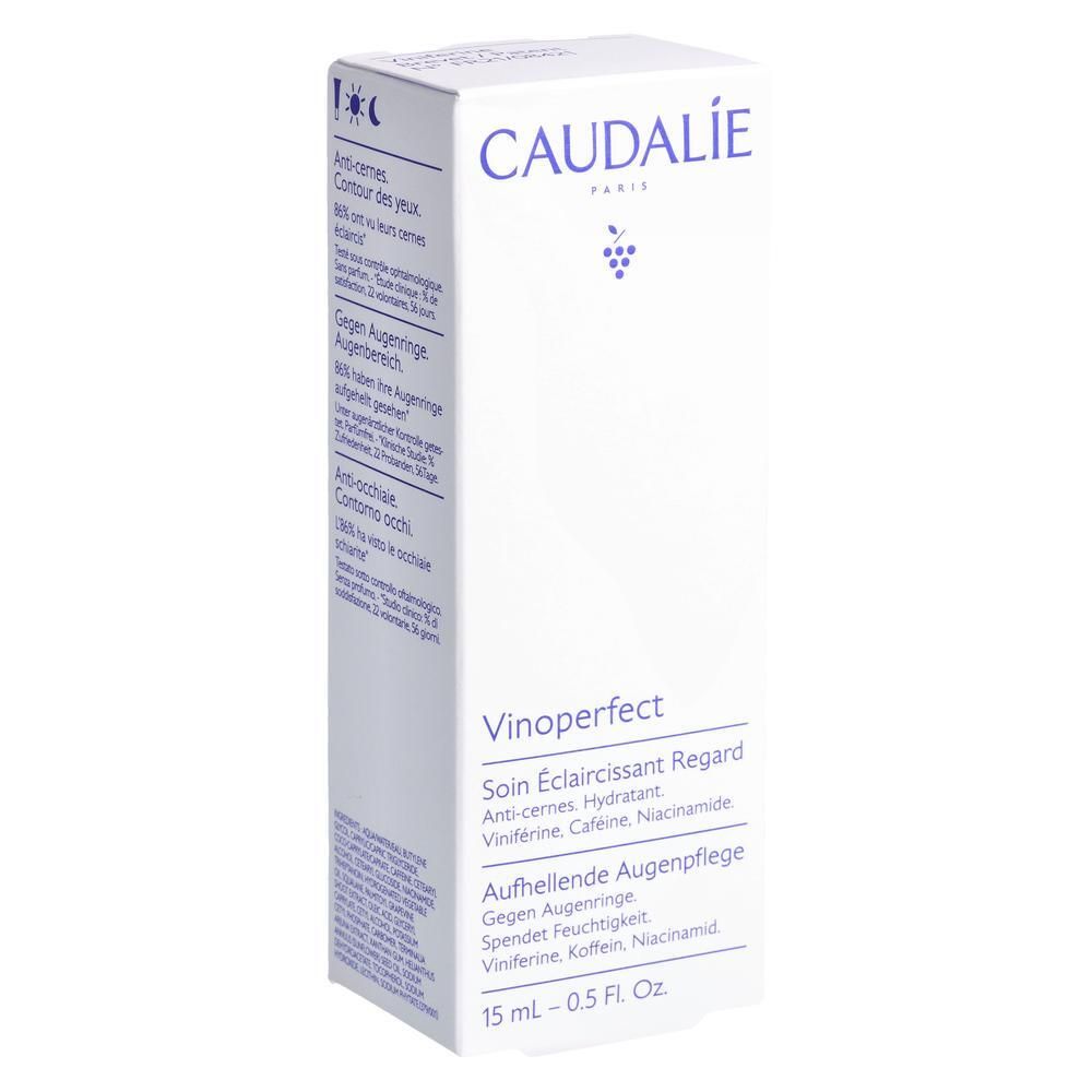 Weiße Verpackung mit Produktnamen und Marke CAUDALIE. Text in mehreren Sprachen: Vinoperfect, Augenpflege, 15 ml.