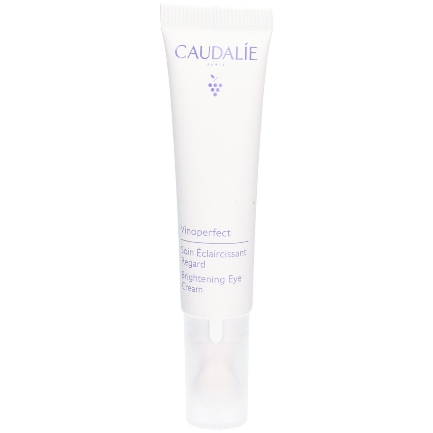 Weiße Tube mit Caudalie-Logo. Enthält Vinoperfect Augenpflege. Text in Französisch und Englisch. Mit Applikator.