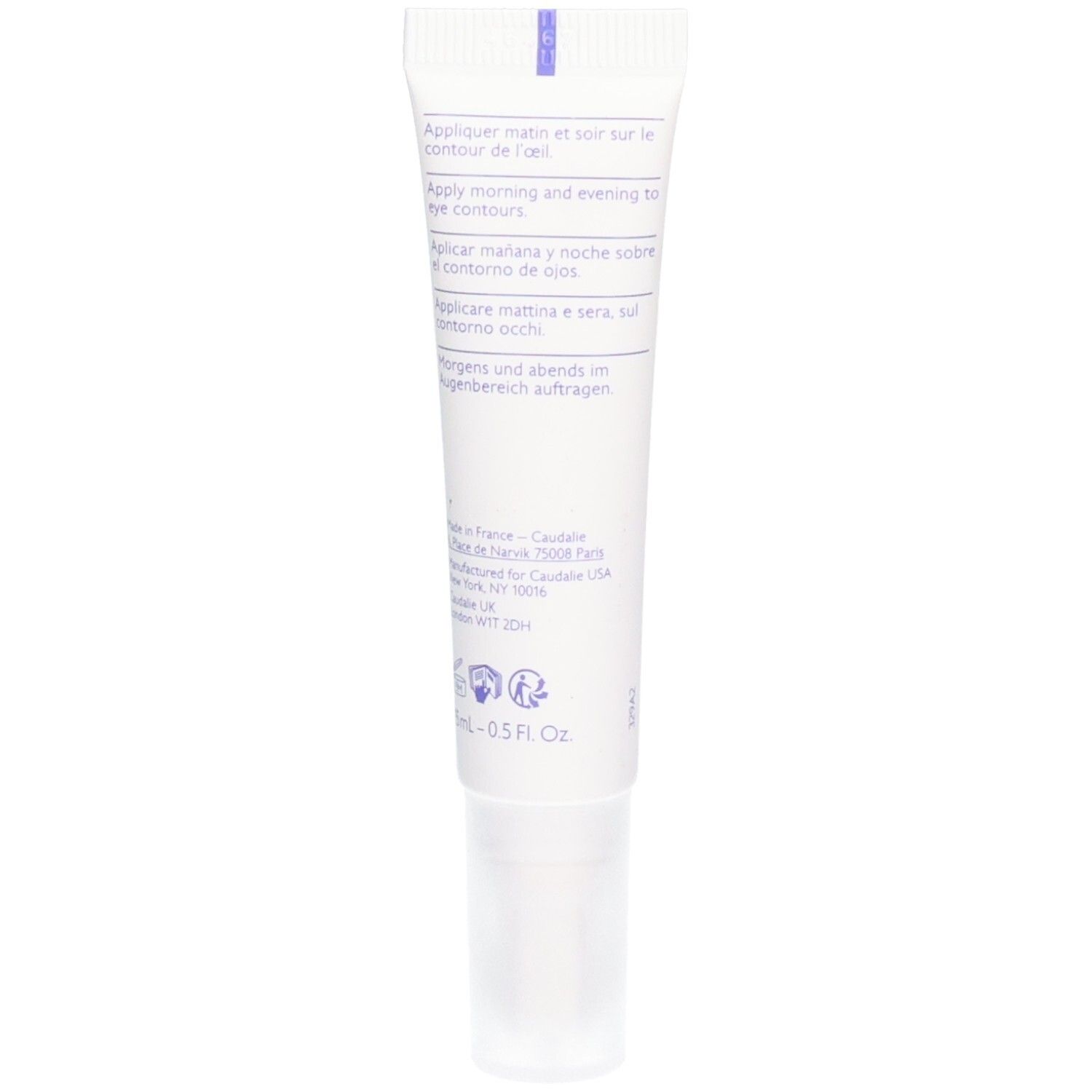 Rückseite der Tube. Enthält Anweisungen in mehreren Sprachen. 0.5 Fl. Oz. Hergestellt in Frankreich.