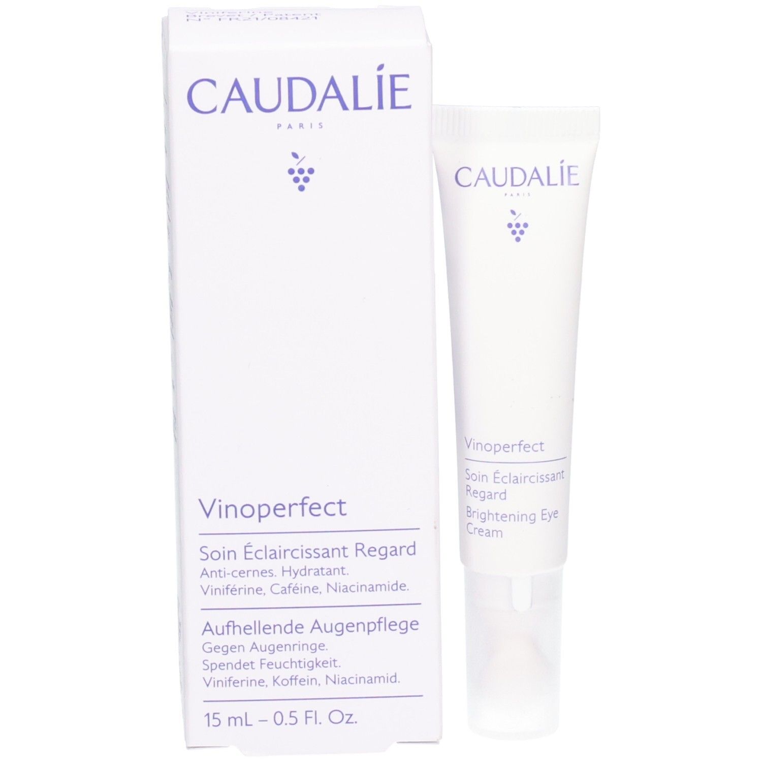 Weiße Verpackung und Tube. Caudalie-Logo und Produktinformationen. Vinoperfect Augenpflege. 15 ml.