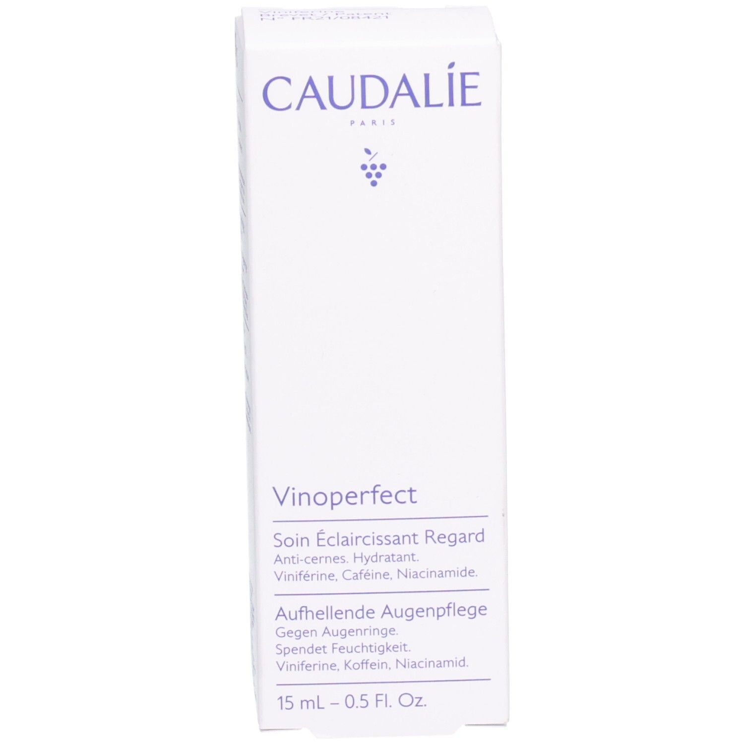 Weiße Verpackung mit Caudalie-Logo und Produktinformationen. Vinoperfect Augenpflege. 15 ml.