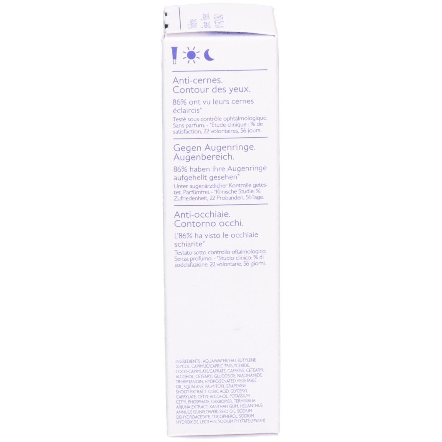 Rückseite der Verpackung. Enthält Informationen zu Inhaltsstoffen und Ergebnisse. Text in Deutsch und Französisch.