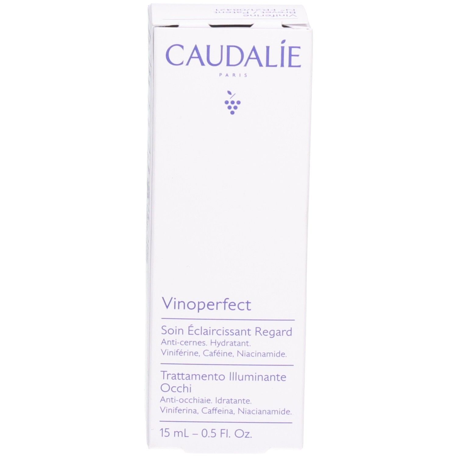 Rückseite der Verpackung. Enthält Produktinformationen in italienischer Sprache. 15 ml - 0.5 Fl. Oz.