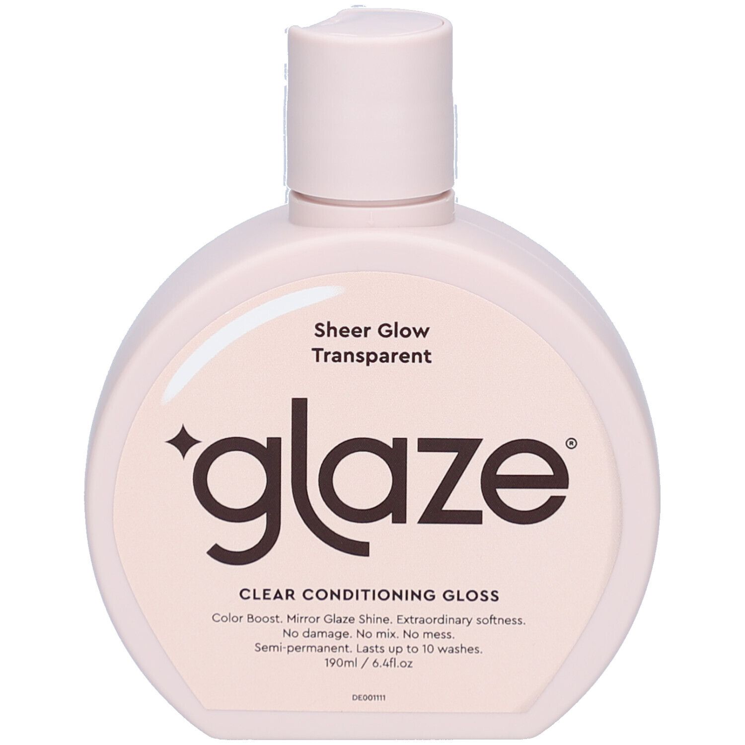 Flacon rose clair avec bouchon blanc. Inscription 'glaze' et 'Sheer Glow Transparent'. Texte : 'CLEAR CONDITIONING GLOSS'.