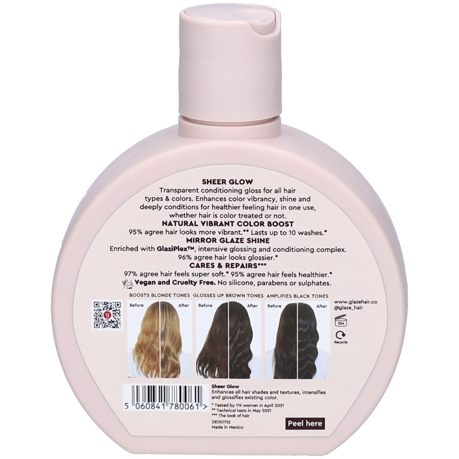 Dos du flacon. Texte : 'Sheer Glow', 'NATURAL VIBRANT COLOR BOOST', 'MIRROR GLAZE SHINE', 'CARES & REPAIRS'. Images de cheveux.