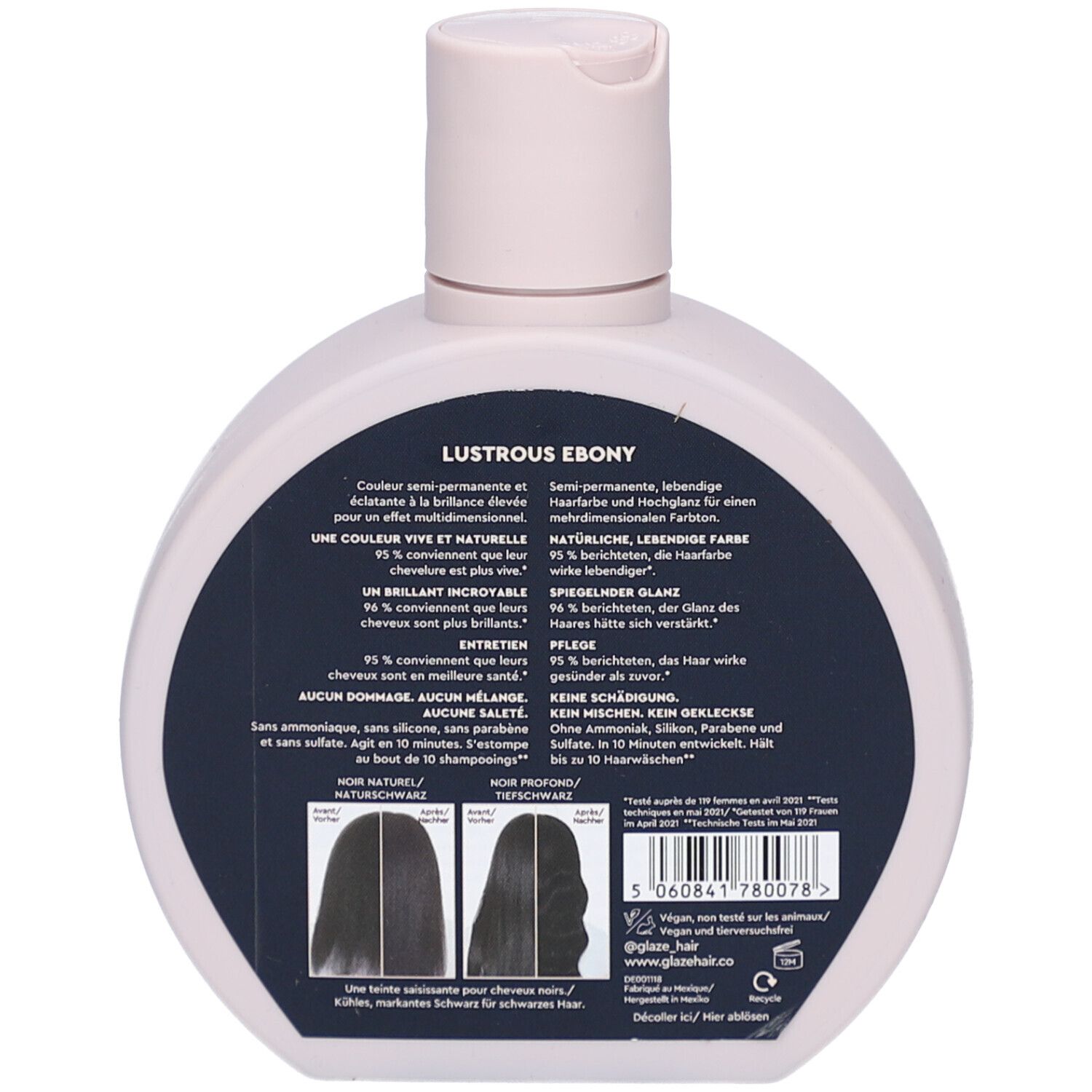 Flacon rond, bouchon rose. Dos avec texte et informations produit. 'Lustrous Ebony'. Deux illustrations de cheveux. Code-barres et logos.