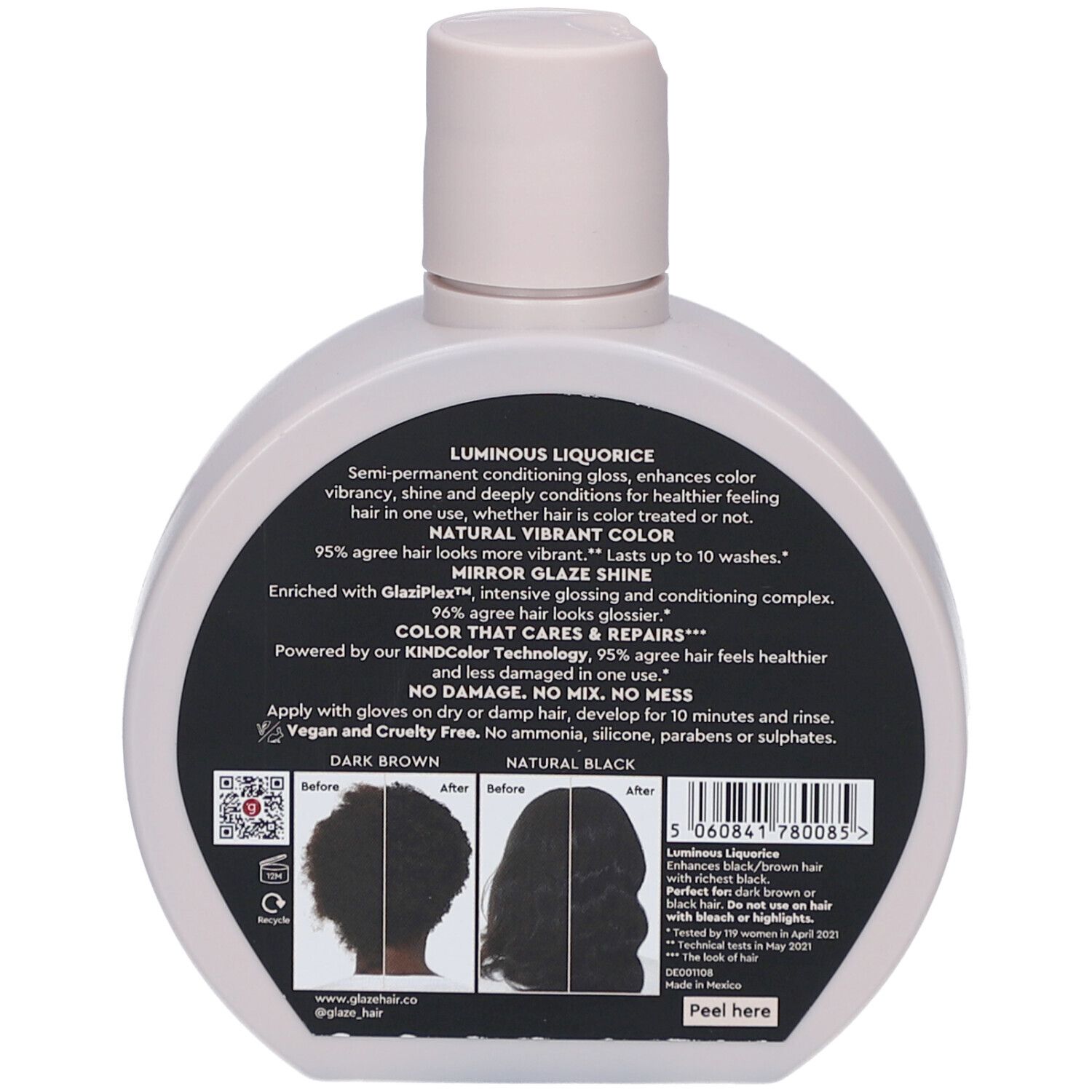 Runde Flasche, Rückseite. Text auf schwarzem Etikett. Vorher-Nachher-Bilder von dunklem Haar. QR-Code und Logo.
