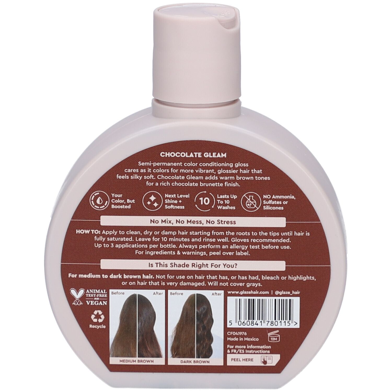 Dos du flacon. Étiquette marron avec texte et illustrations. Contient informations et instructions.