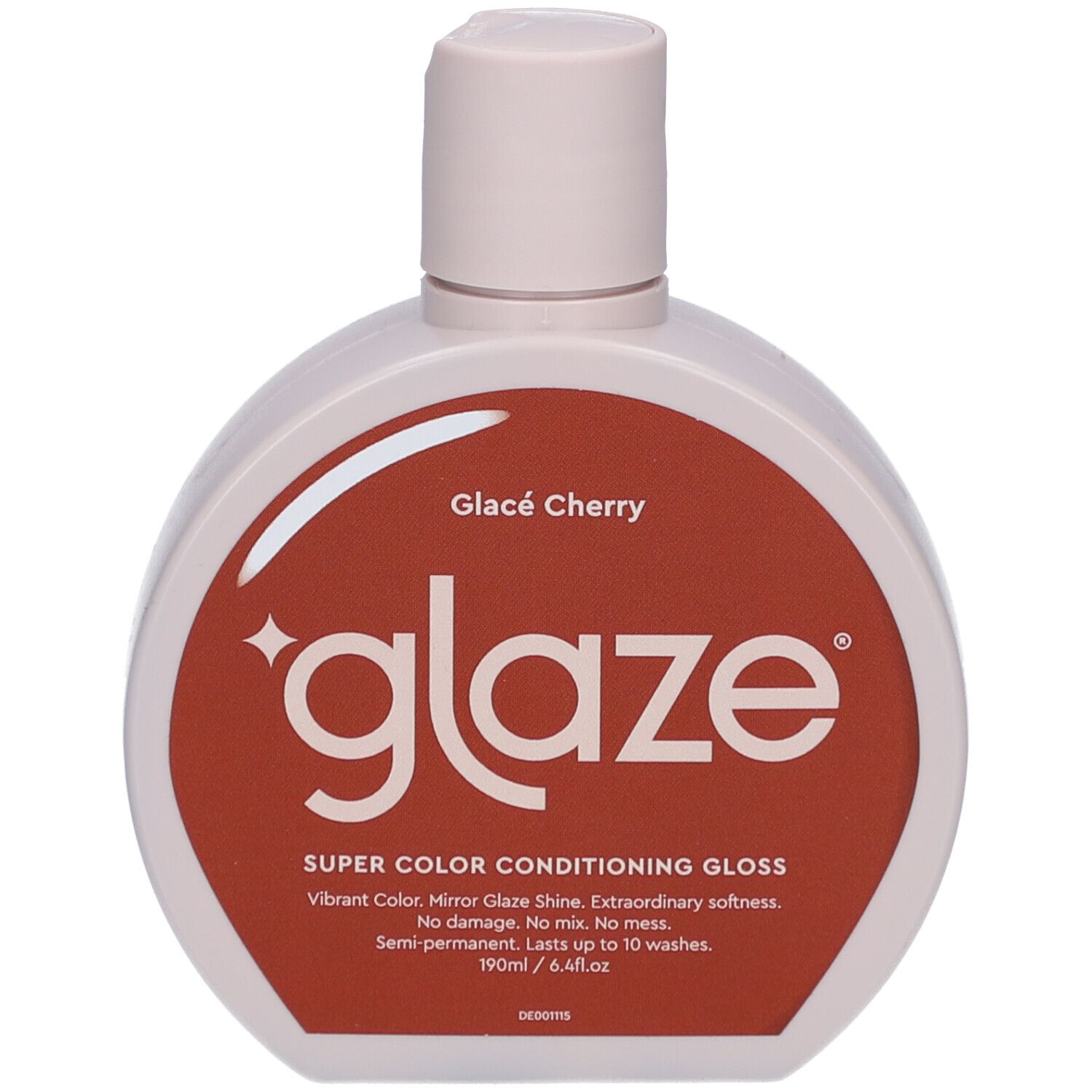Flacon rond, bouchon rose. Étiquette rouge avec texte blanc 'glaze' et 'Glacé Cherry'.