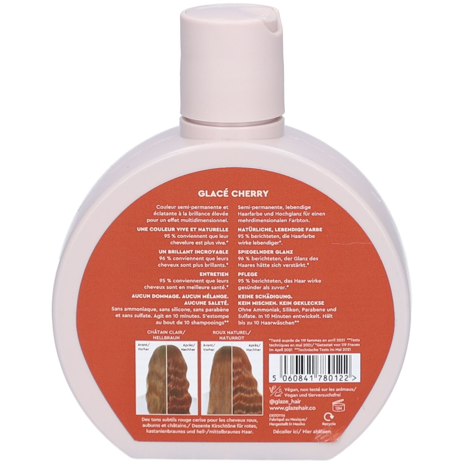 Dos du flacon. Étiquette rouge avec texte multilingue. Deux illustrations de cheveux. Code-barres.