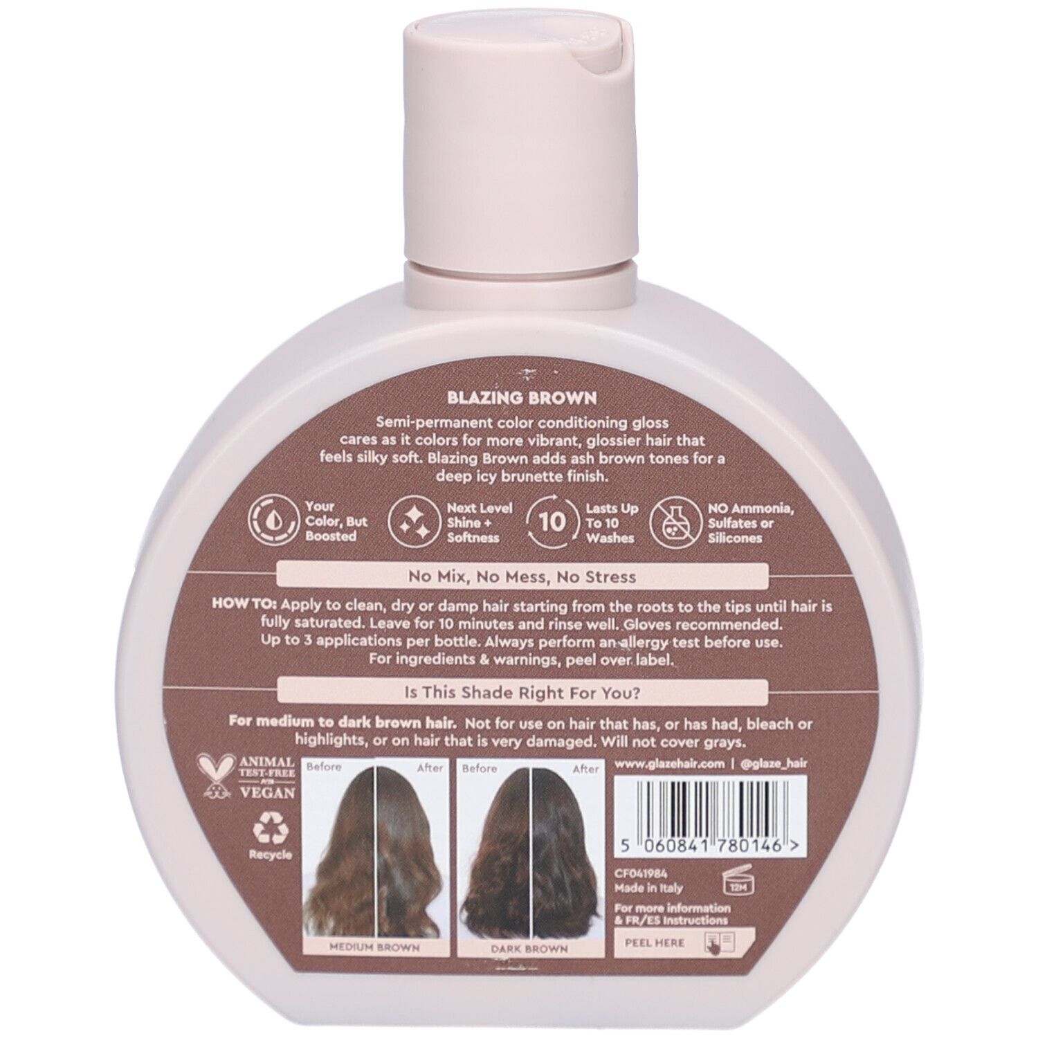 Dos du flacon. Texte "Blazing Brown". Informations d'utilisation et ingrédients. Logo vegan.