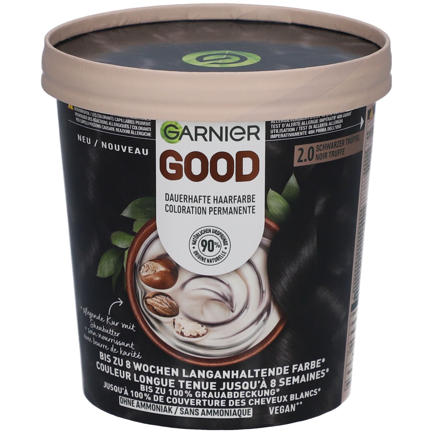 Coloration GARNIER GOOD 2.0 Noir Truffe. Boîte noire avec image produit et texte. Vegan, sans ammoniaque.