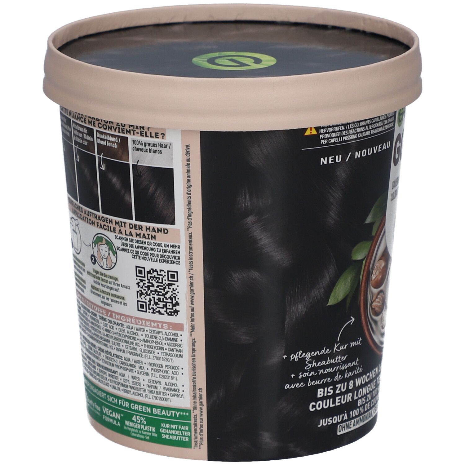 Dos de l'emballage de coloration. Texte et illustrations. Logo vegan. Ingrédients et instructions d'utilisation.