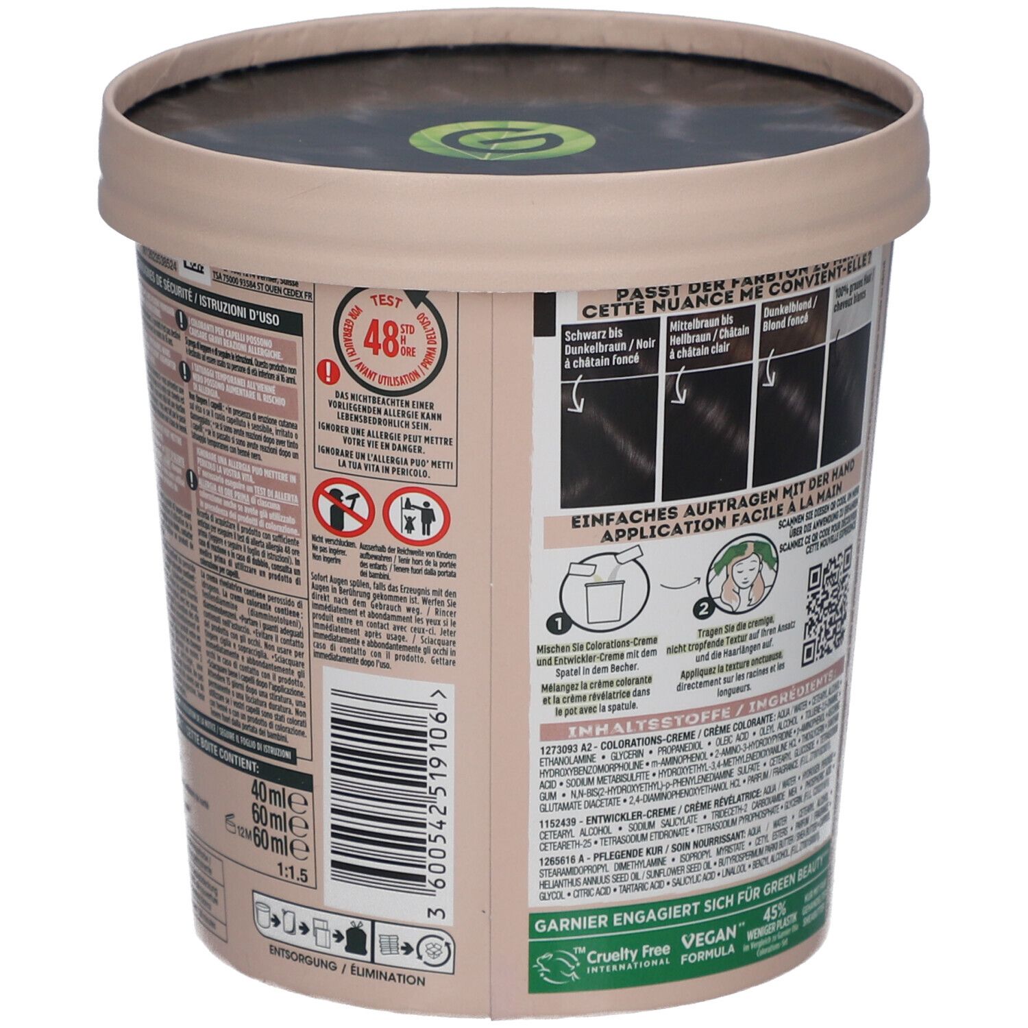 Dos de l'emballage de coloration. Texte et illustrations. Code-barres, ingrédients, instructions d'utilisation.