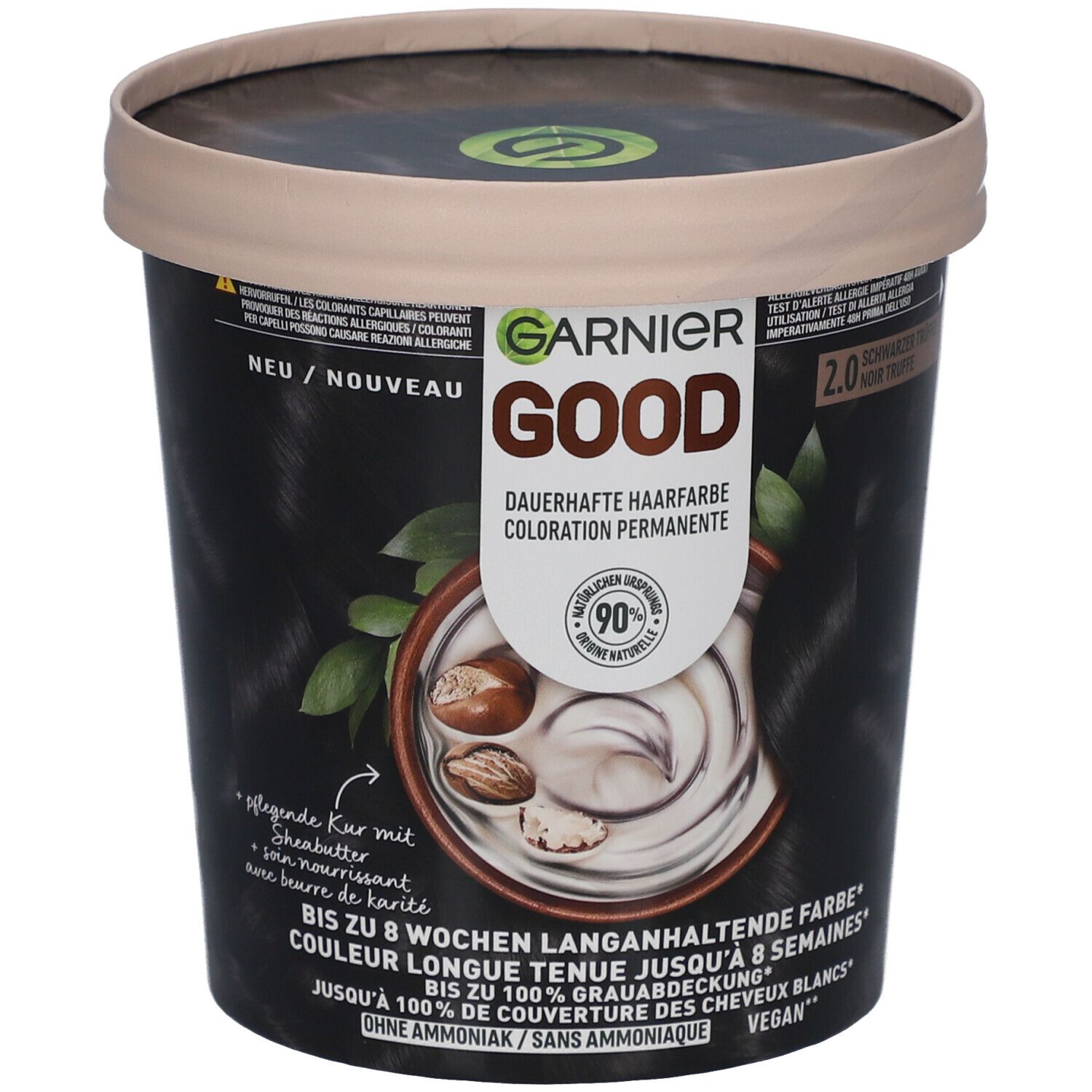 Coloration GARNIER GOOD 2.0 Noir Truffe. Boîte noire avec image produit et texte. Vegan, sans ammoniaque.
