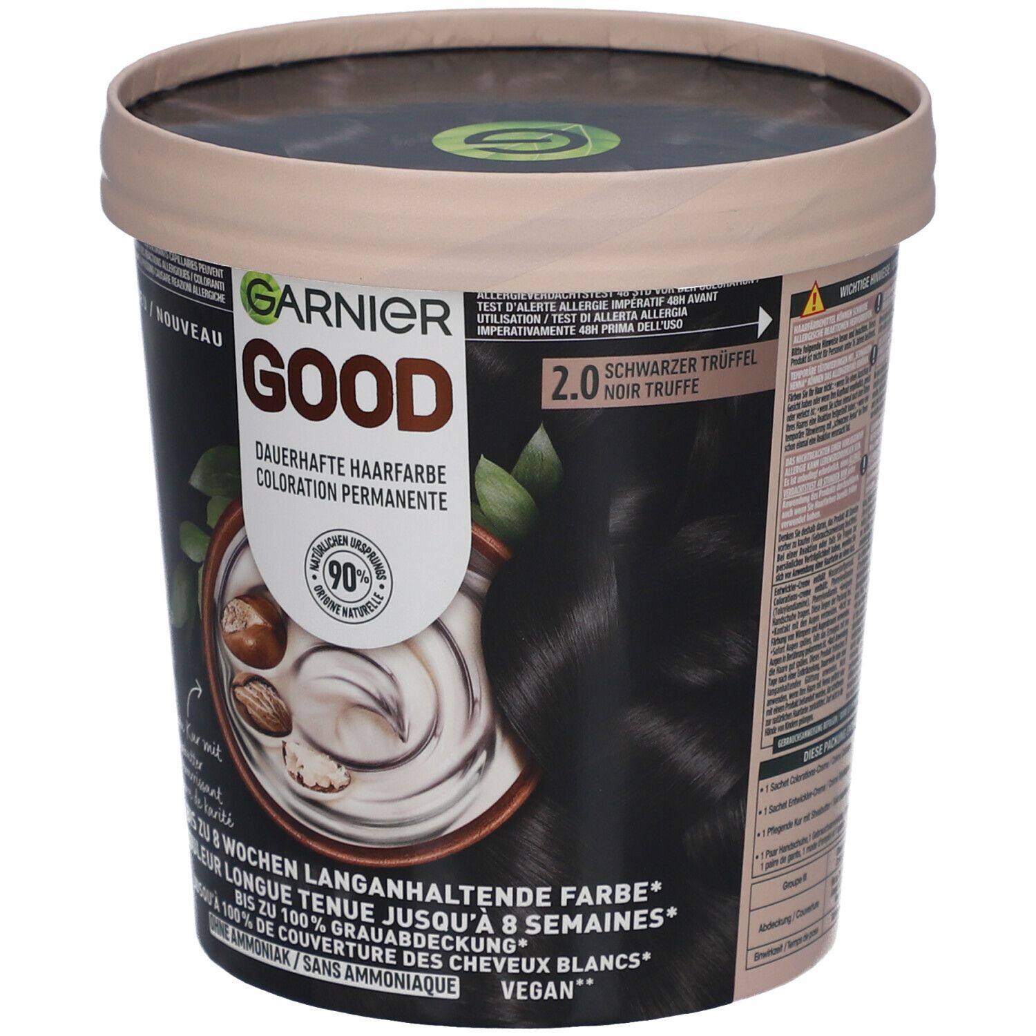 Coloration GARNIER GOOD 2.0 Noir Truffe. Boîte noire avec image produit et texte. Vegan, sans ammoniaque.