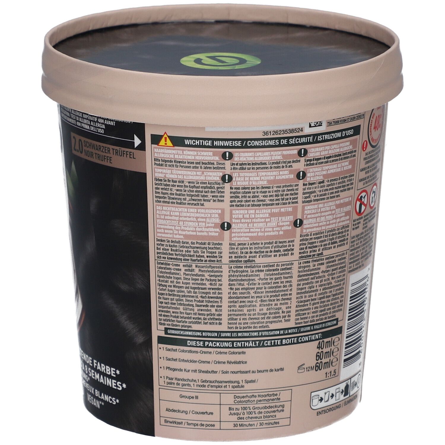 Dos de l'emballage de coloration. Texte et illustrations. Ingrédients, instructions d'utilisation, avertissements.