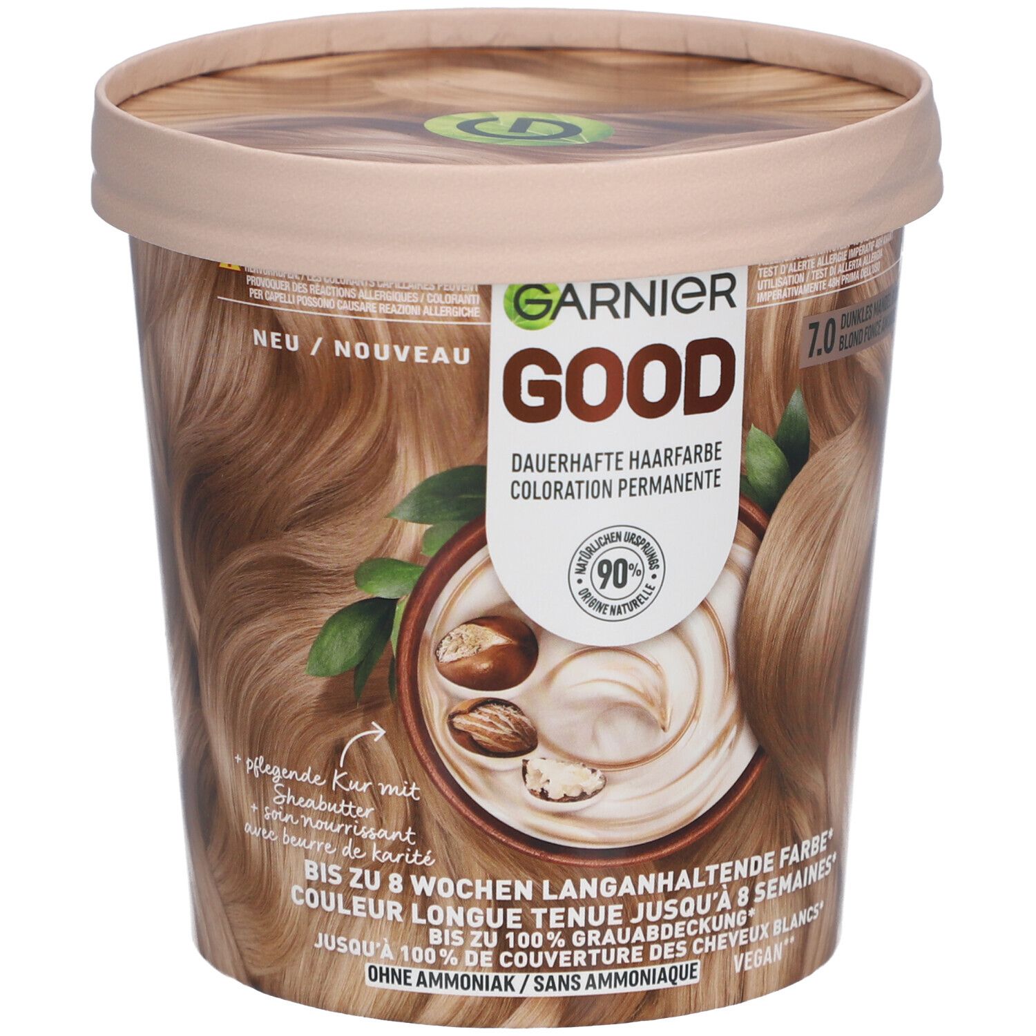 Coloration permanente Garnier GOOD 7.0 Blond foncé amande. Pot avec visuel produit et informations. Vegan, sans ammoniaque.