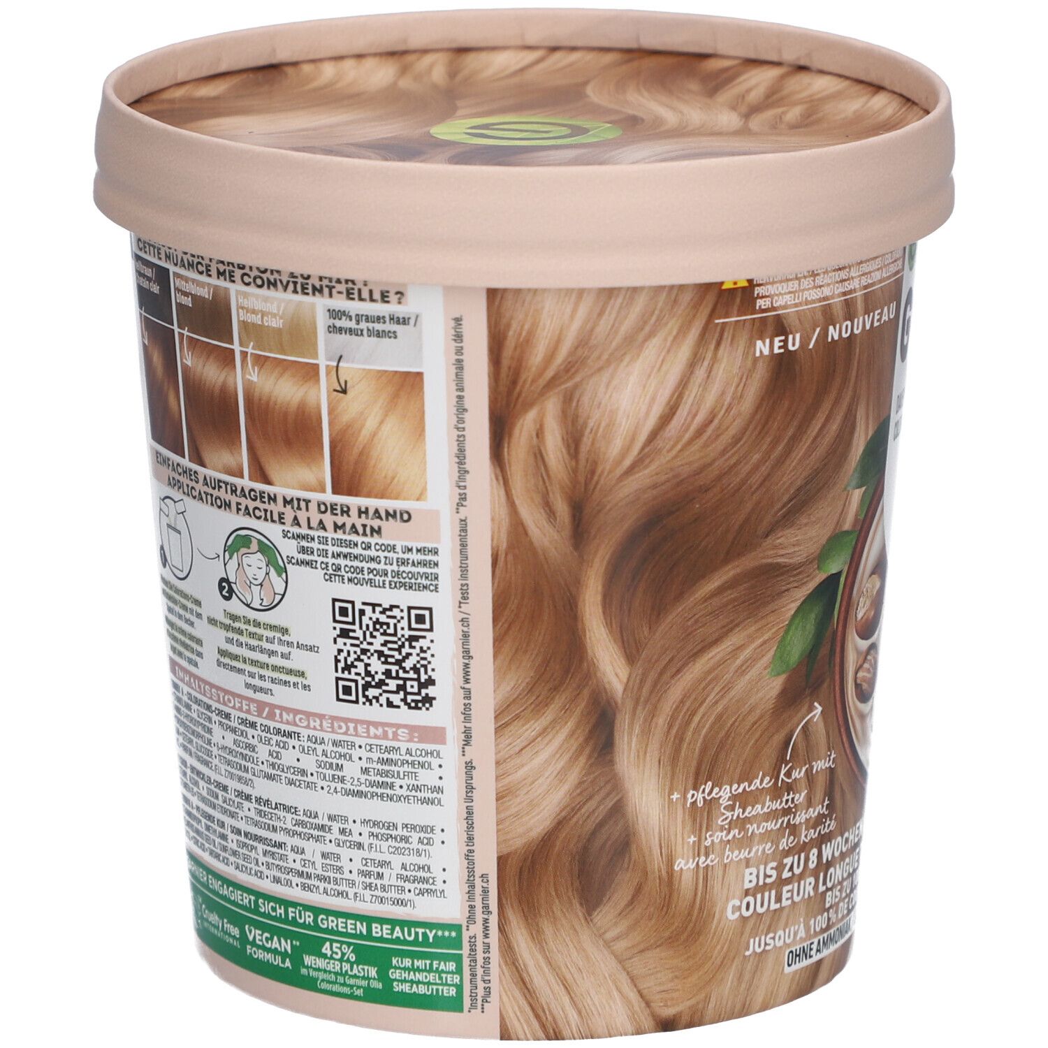 Coloration Garnier GOOD, dos du pot. Ingrédients, instructions, QR code. Vegan, 45% plastique recyclé.
