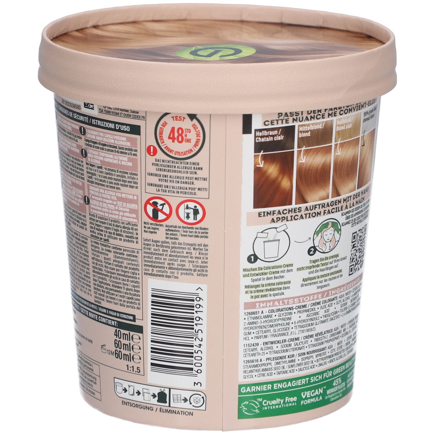 Coloration Garnier GOOD, dos du pot. Instructions, ingrédients, avertissements. 40ml + 60ml.