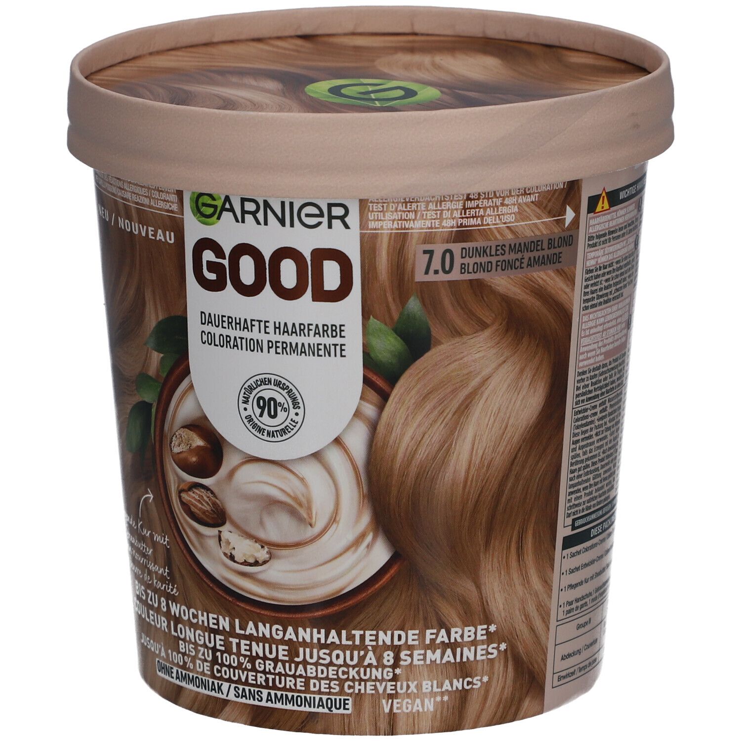 Coloration permanente Garnier GOOD 7.0 Blond foncé amande. Pot avec visuel produit et informations. Vegan, sans ammoniaque.