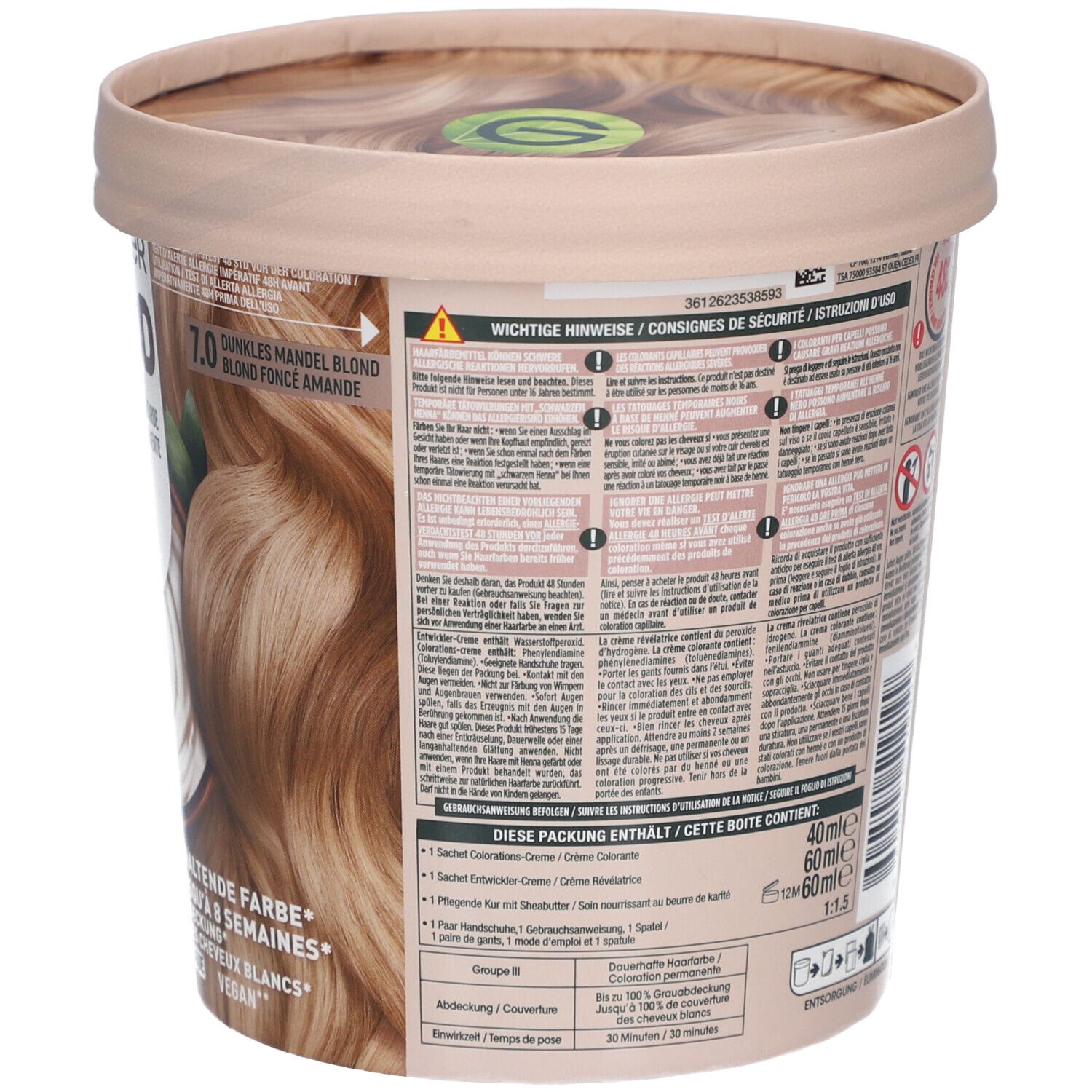 Coloration Garnier GOOD, dos du pot. Ingrédients, instructions, avertissements. 40ml + 60ml.