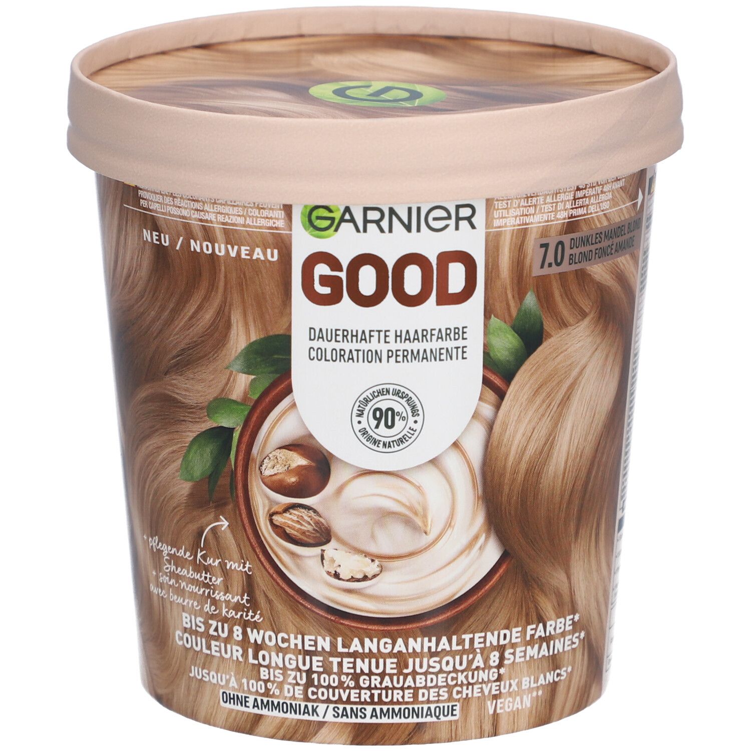 Coloration permanente Garnier GOOD 7.0 Blond foncé amande. Pot avec visuel produit et informations. Vegan, sans ammoniaque.