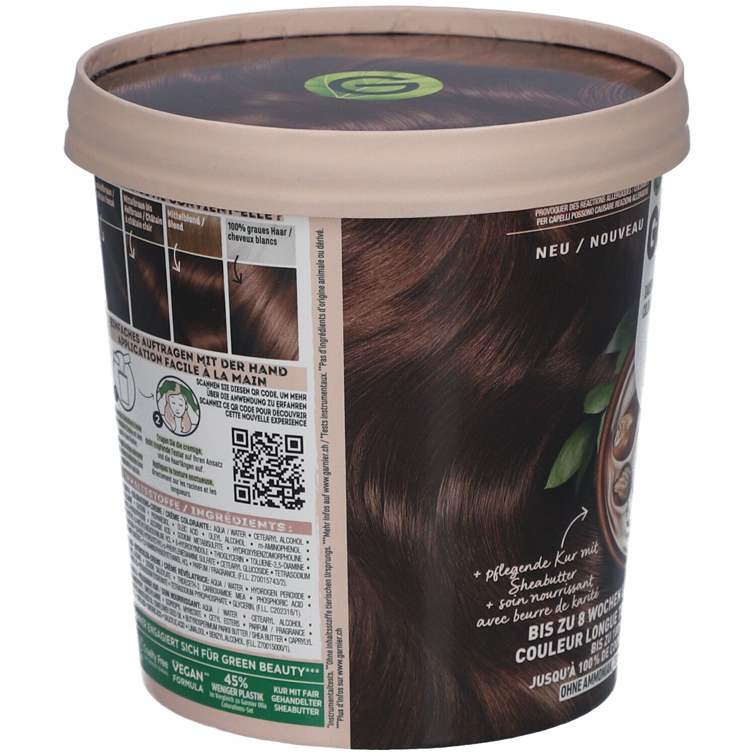 Dos du pot de coloration. Informations d'utilisation, ingrédients et code QR. Logo vegan.