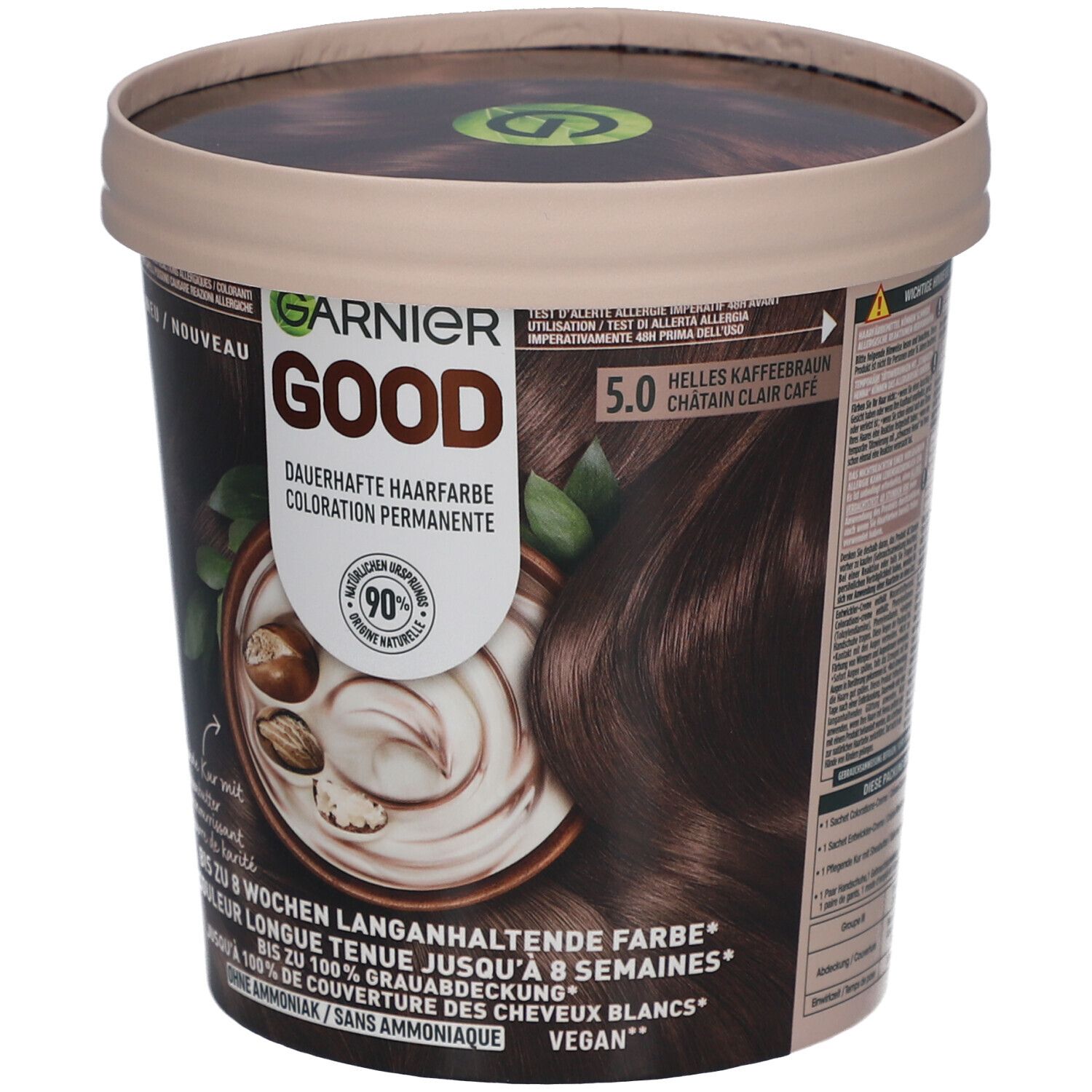 Pot beige de Garnier Good coloration permanente. Inscription: 5.0 Châtain clair café. Illustration de la couleur et des ingrédients.
