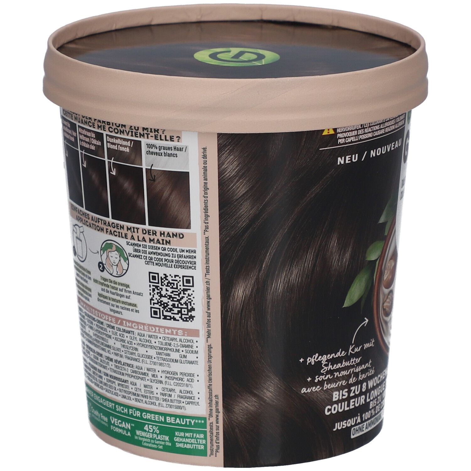 Garnier Good, dos de l'emballage. Contient des informations sur l'utilisation et les ingrédients. Vegan.