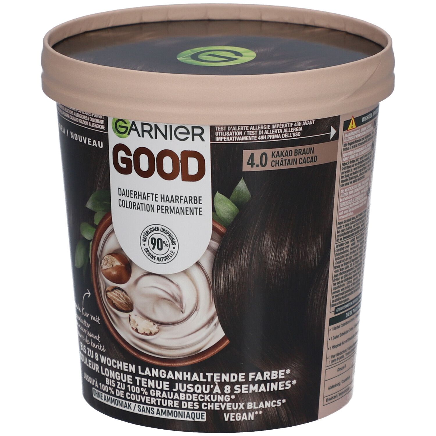 Garnier Good coloration permanente 4.0 Châtain cacao. Emballage rond avec image du produit et texte. Vegan.
