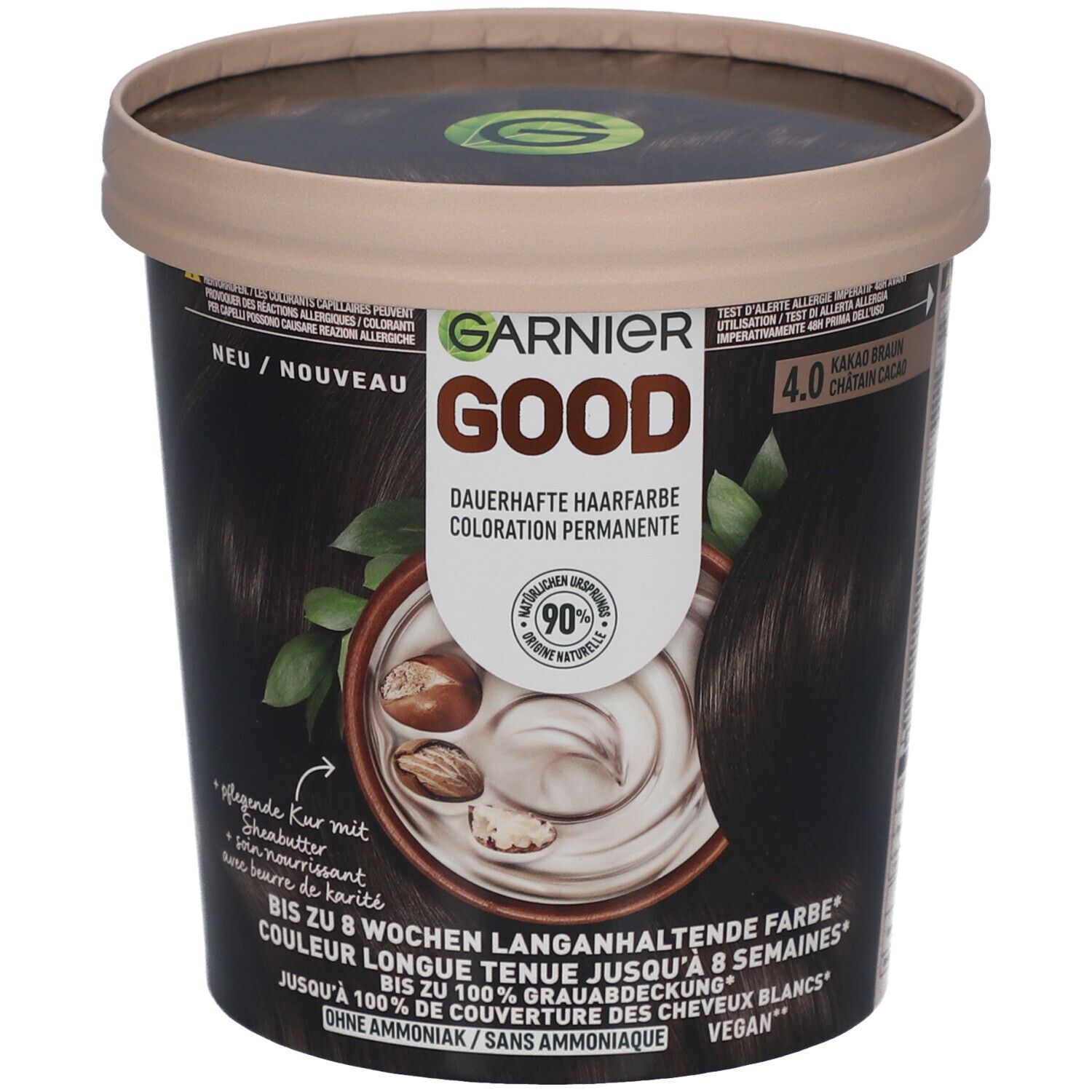 Garnier Good coloration permanente 4.0 Châtain cacao. Emballage rond avec image du produit et texte. Vegan.