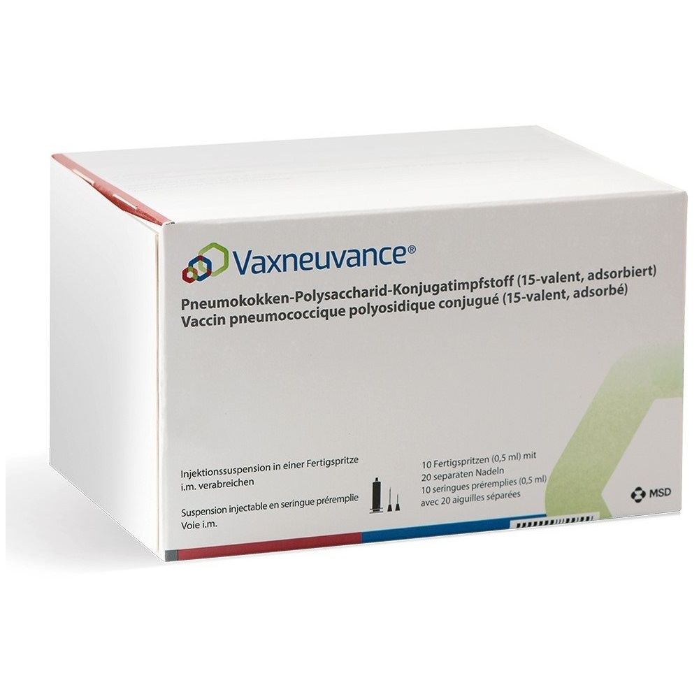 Boîte en carton blanche avec le nom du produit Vaxneuvance. Contient du texte en allemand et en français. Affiche également le logo MSD.