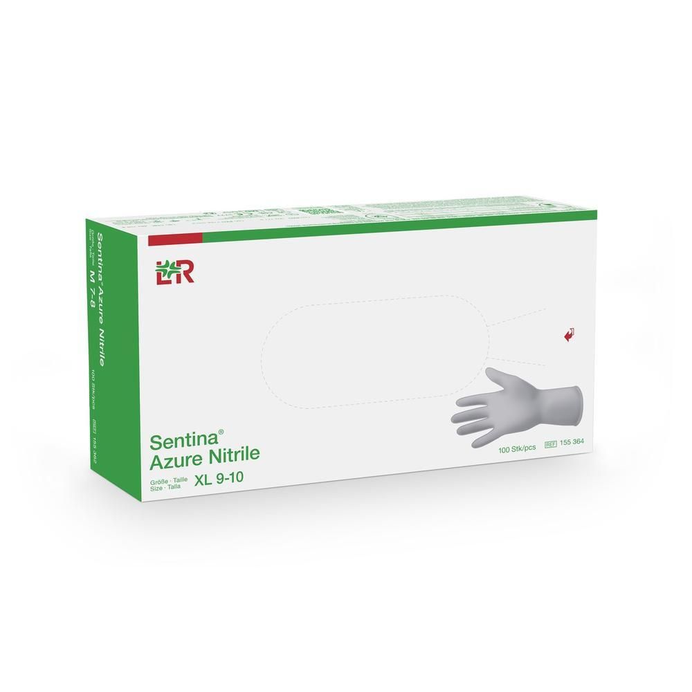 Boîte de gants d'examen Sentina Azure Nitrile, taille XL 9-10. Emballage blanc et vert avec illustration de main. Marque et taille visibles.