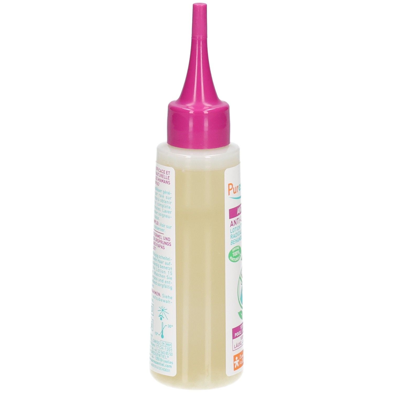 Seitenansicht der Puressentiel Anti-Laus Lotion Flasche mit Applikator.