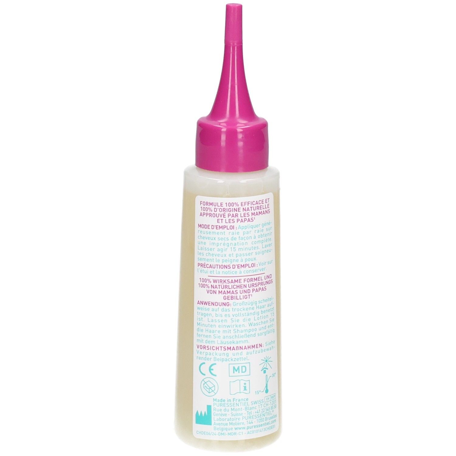 Rückseite der Puressentiel Anti-Laus Lotion Flasche mit Anwendungshinweisen.