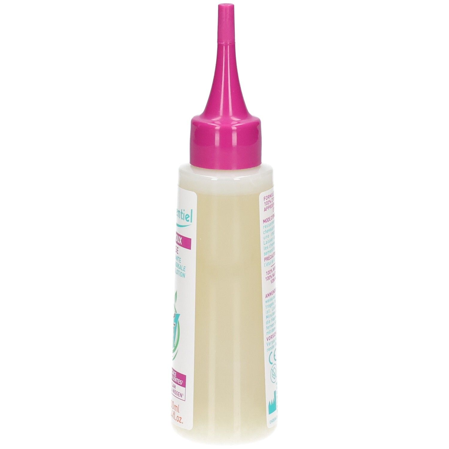 Seitenansicht der Puressentiel Anti-Laus Lotion Flasche mit Applikator.
