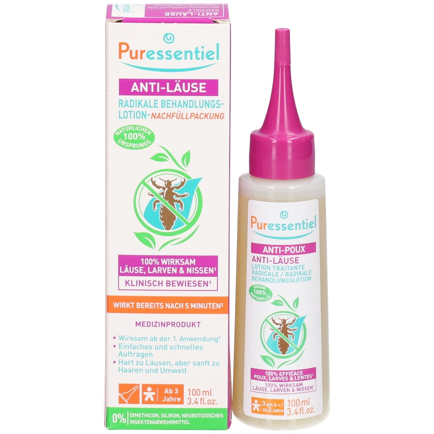 Puressentiel Anti-Laus Lotion Nachfüllpackung und Flasche mit Applikator.