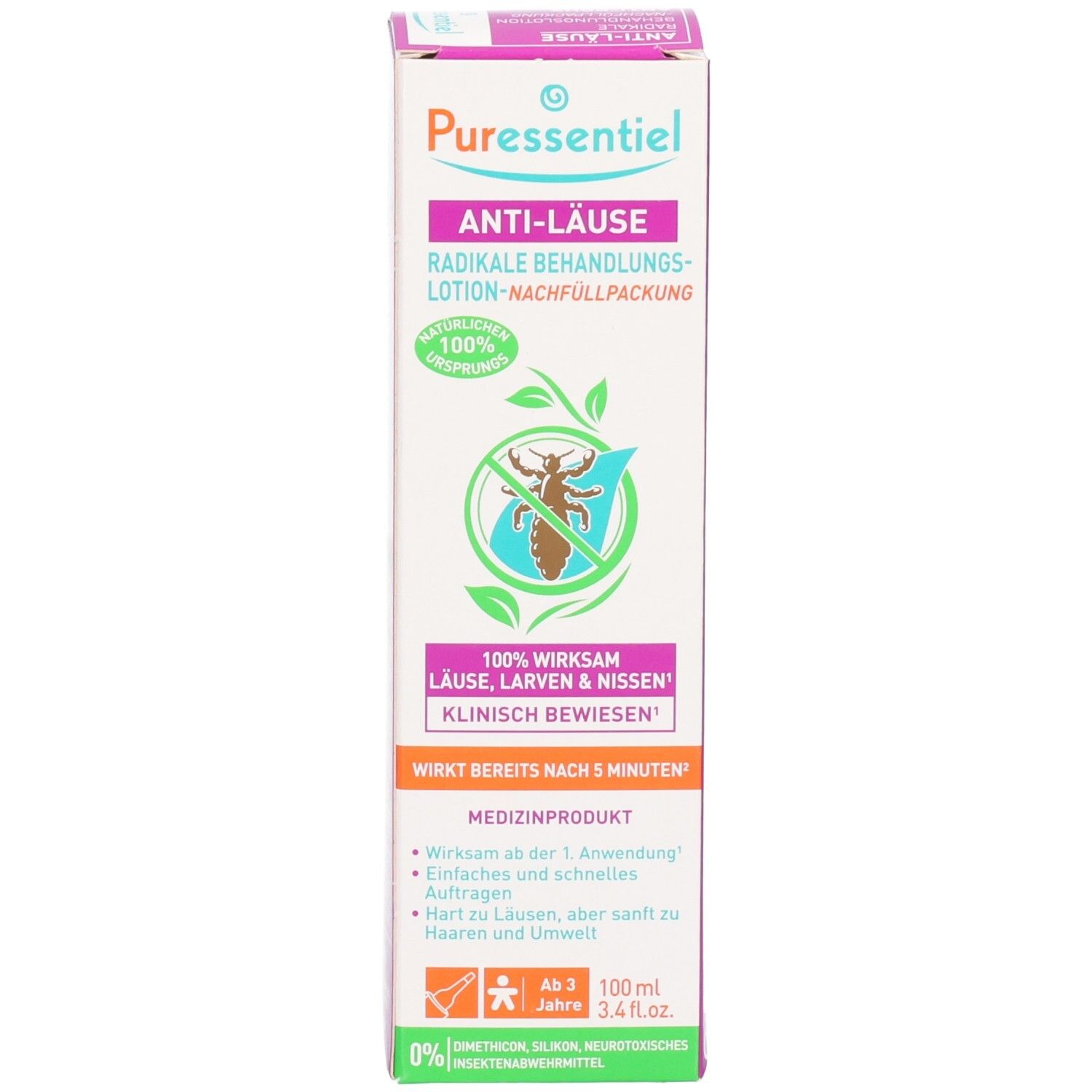 Puressentiel Anti-Laus Lotion Nachfüllpackung mit Anwendungshinweisen.