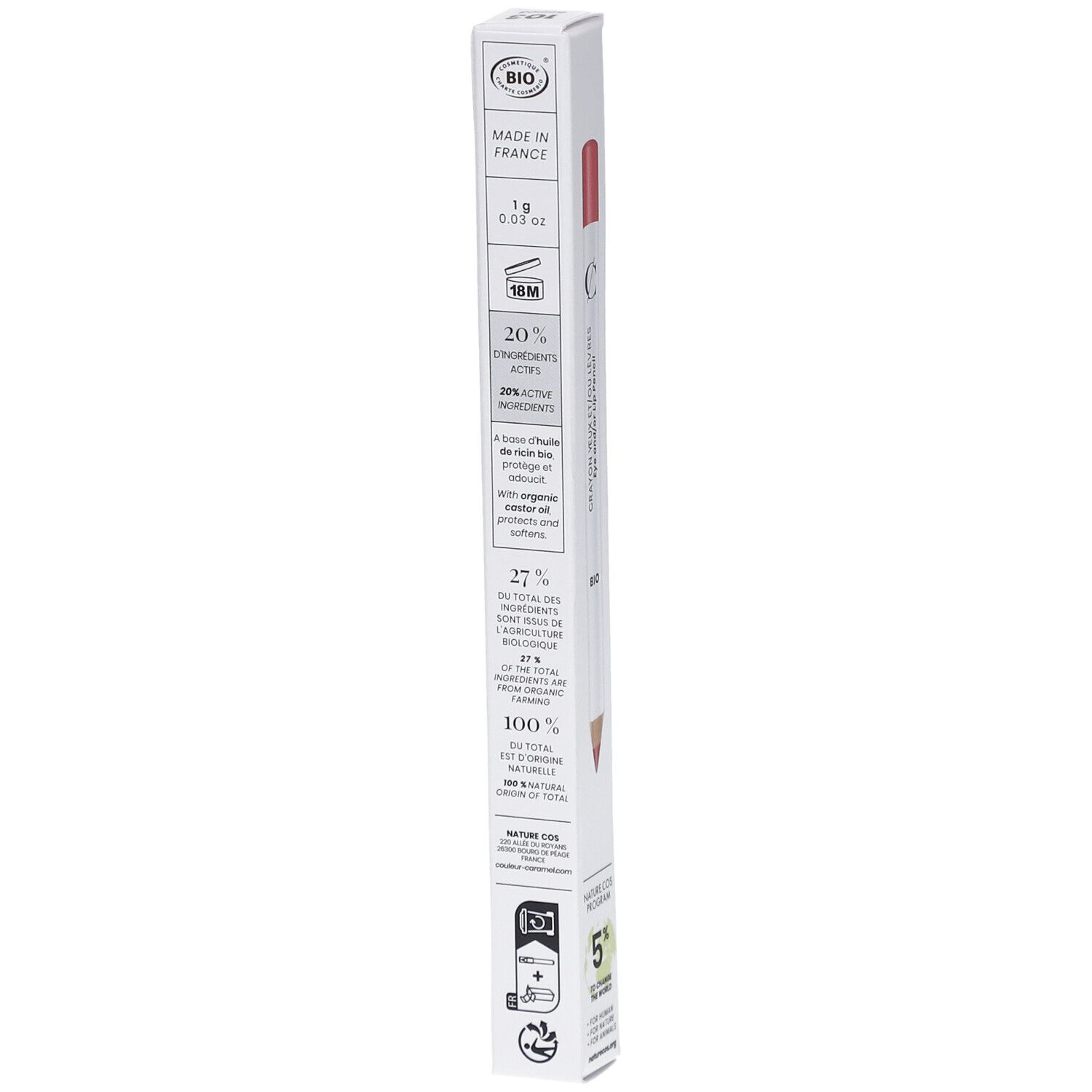 Boîte blanche avec crayon à lèvres rouge. Inscription: BIO, Made in France, 20% ingrédients actifs, 100% ingrédients naturels.