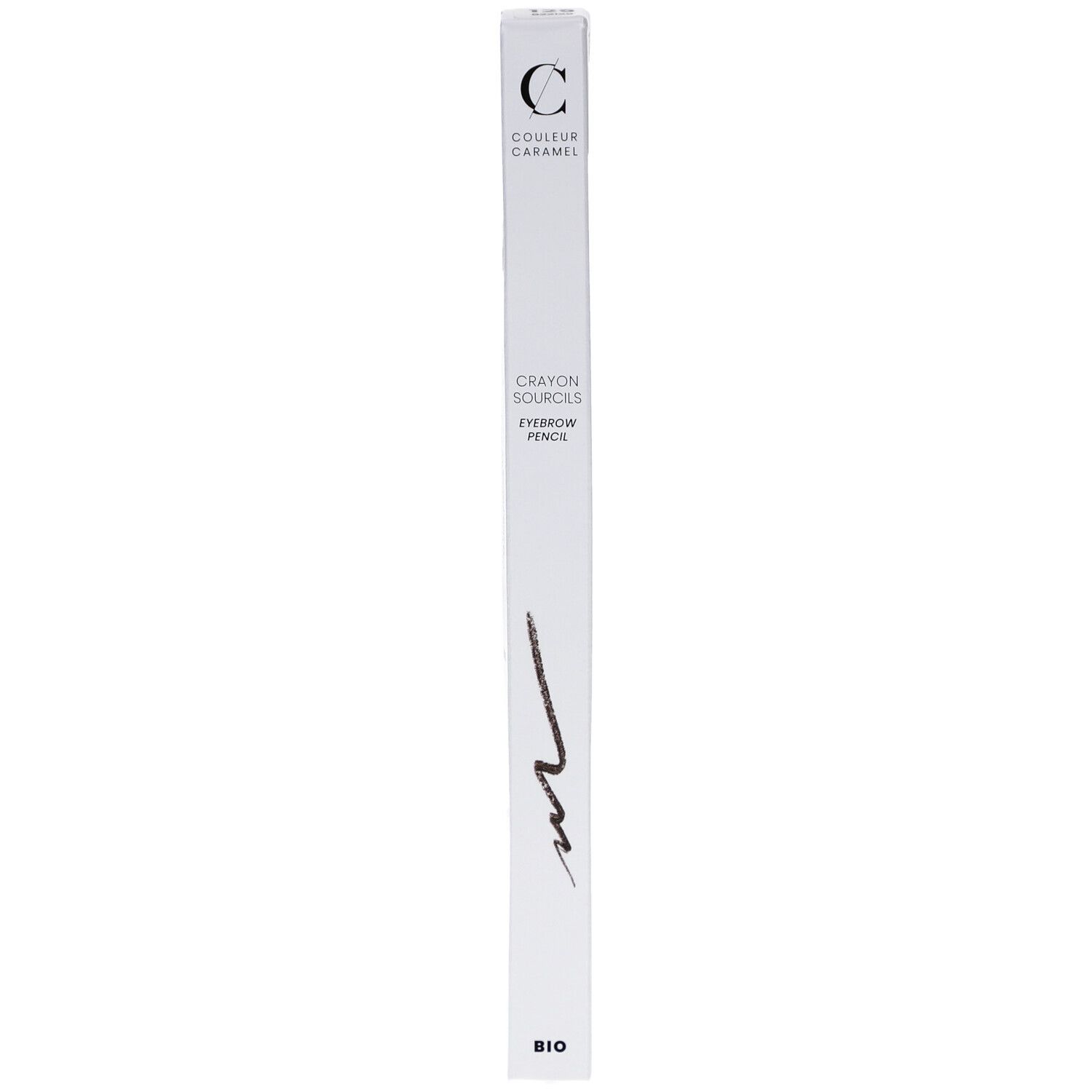 Boîte blanche avec logo COULEUR CARAMEL et nom du produit. Crayon à sourcils brun foncé. Certification BIO.