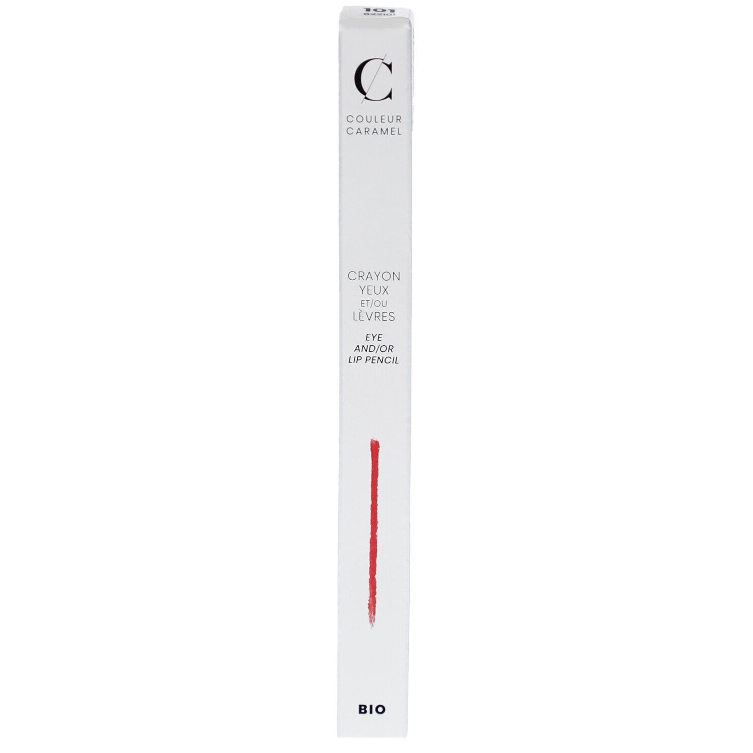 Boîte blanche avec crayon rouge. Inscription: COULEUR CARAMEL, Crayon Yeux Et/ou Lèvres, Eye and/or Lip Pencil, BIO.