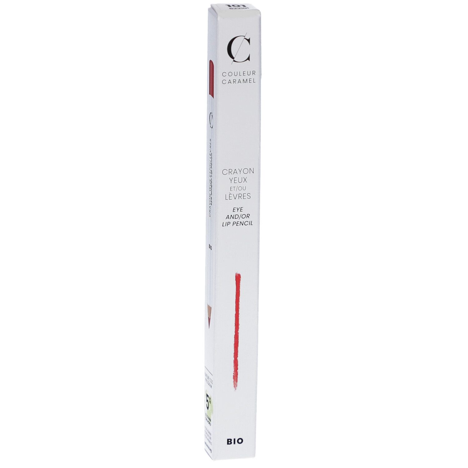 Boîte blanche avec crayon rouge. Inscription: COULEUR CARAMEL, Crayon Yeux Et/ou Lèvres, Eye and/or Lip Pencil, BIO, 5*.