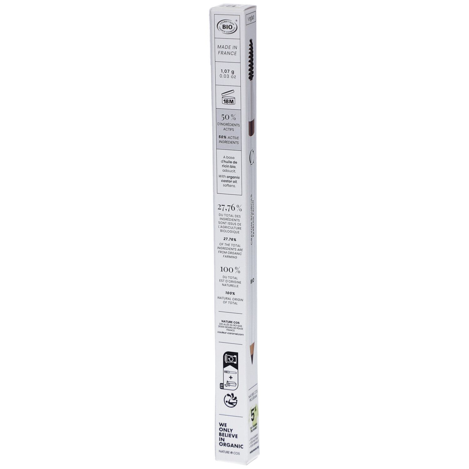 Boîte blanche avec informations. Certification BIO, ingrédients, origine. Texte: MADE IN FRANCE, 50% origine naturelle.